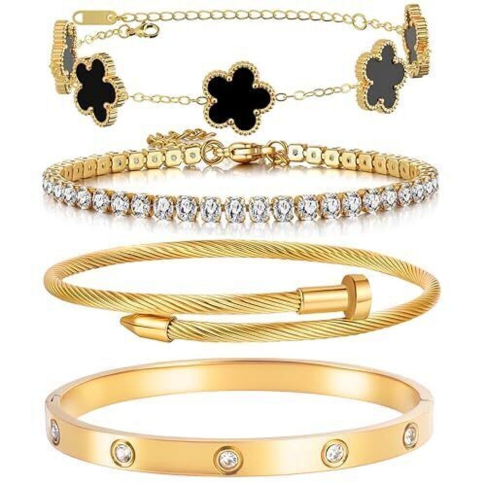 9899 18K Gold Plated Stackable Floral Gold Clover Bracelets Set Love Bangle